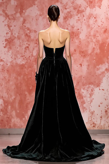 Black Velvet A Line Strapless Long Formal Dress with Slit
